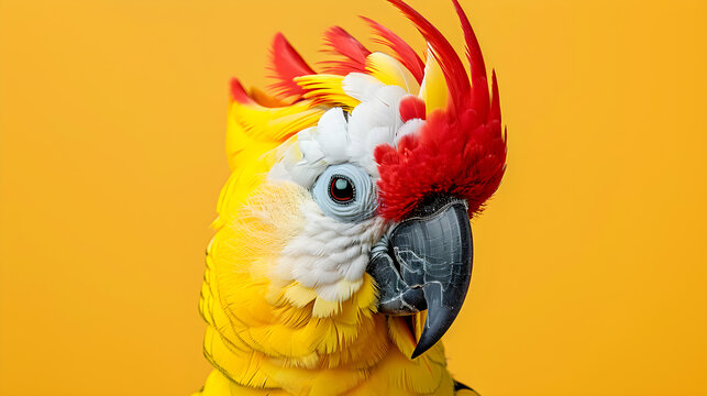 A vibrant macaw with striking red and yellow feathers against a bright yellow background, perfect for wildlife enthusiasts and colorful marketing campaigns with ample copy space.