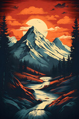 vintage style illustrated mountain range, mountain range illustration vintage style