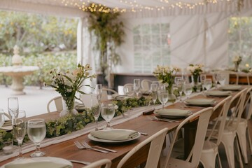 Elegant table setting for a wedding reception with floral decorations and string lights