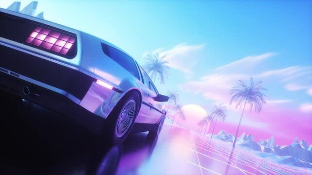 SynthWave Background of Car and Road with Palm Trees Loop