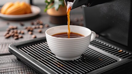 Concept of taking a coffee break with coffee pouring into a white cup from an automatic coffee maker s grating