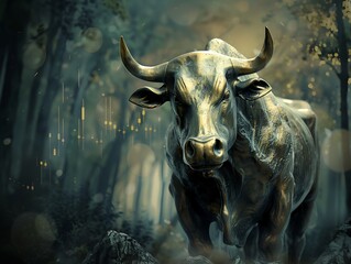 Naklejka premium Artistic bull in bronze, candlestick chart background, soft lighting, dark forest with bokeh, impressionist painting style,