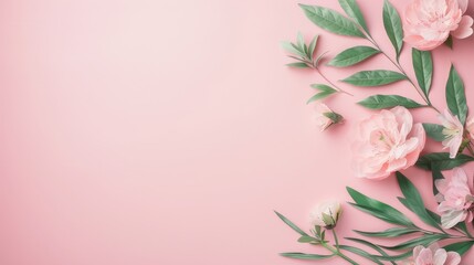 Elegant flat lay of pink roses and green leaves on a pastel pink background, perfect for romantic and floral-themed designs.