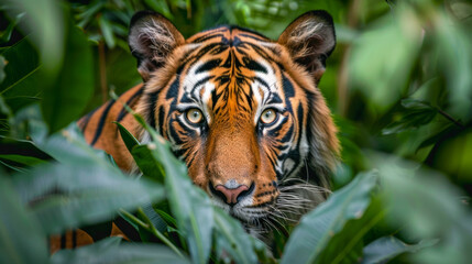 Fototapeta premium A majestic tiger peers through the dense green foliage, showcasing its striking stripes and focused gaze.