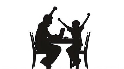 Sport fans. Joyful father and son watching online game on laptop computer and cheering, enjoying time together at home. 