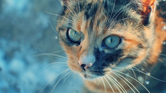Intense stare of female calico or torbie cat on blue backdrop