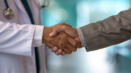 A firm handshake between a doctor in a white coat and a business person, symbolizing trust and professional cooperation.
