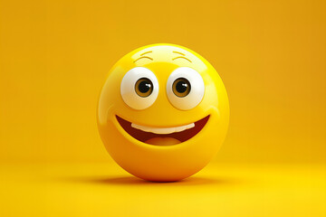 Fototapeta premium yellow 3D happy face emoji, featuring a wide smile and bright, open eyes, set against a solid yellow background. The joyful expression and vibrant color convey strong feelings of happiness