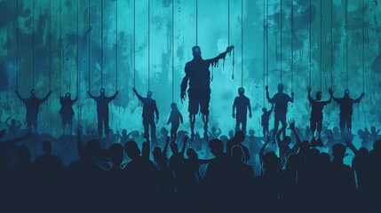 black outline of people manipulated by puppet strings, visual concept on mind control over blue backdrop, illustration for banner