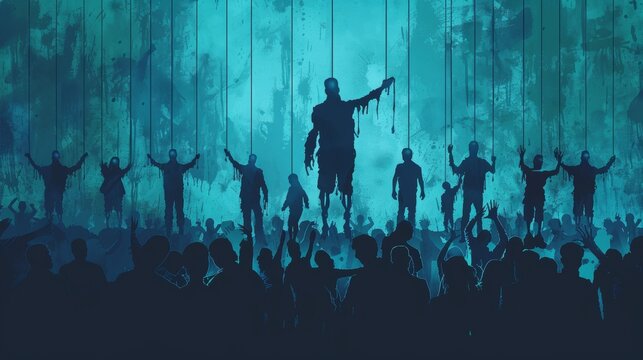 black outline of people manipulated by puppet strings, visual concept on mind control over blue backdrop, illustration for banner