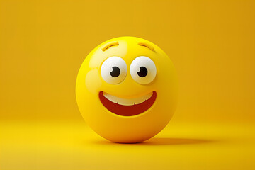 Fototapeta premium yellow 3D happy face emoji, featuring a wide smile and bright, open eyes, set against a solid yellow background. The joyful expression and vibrant color convey strong feelings of happiness