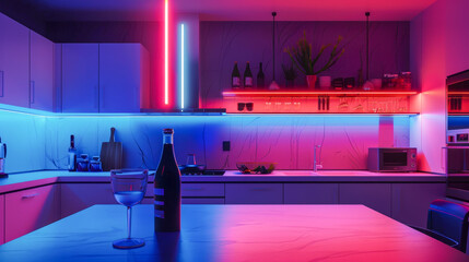 A futuristic kitchen bathed in neon lights features modern appliances and a sleek design perfect for contemporary homes.
