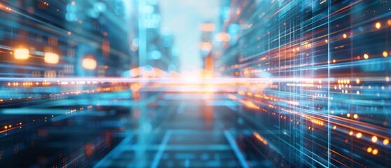 Obraz premium Futuristic cityscape with glowing lights and digital data streams representing high-speed communication and technology innovation.