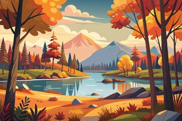 Autumn forest landscape with lake stock illustration