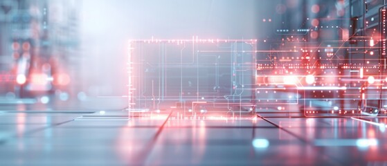 Fototapeta premium Futuristic digital technology background with glowing data blocks and circuits, representing modern computing and virtual reality concepts.
