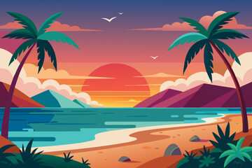 Flat Design of Beach Nature Scenery with Sunset in the Sky stock illustration