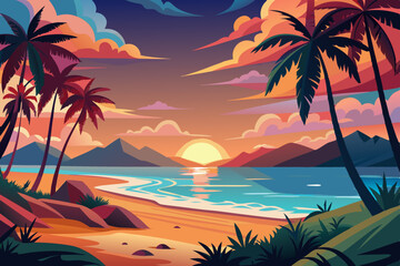 Illustration of sunset tropical beach natural scenery stock illustration