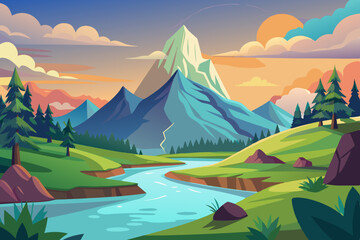 Landscape with mountain and river stock illustration