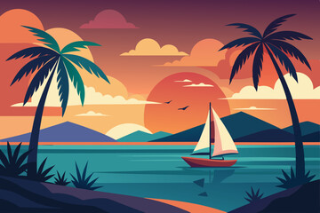 Seascape flat vector illustration. Sailboat at sunset. The ship sails in the ocean, palm trees on the shore. stock illustration