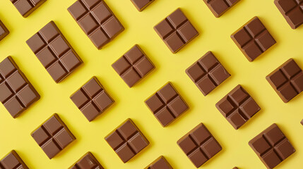 Pattern of chocolate bars against a yellow background, highlighting indulgence and sweetness in a visually appealing arrangement.