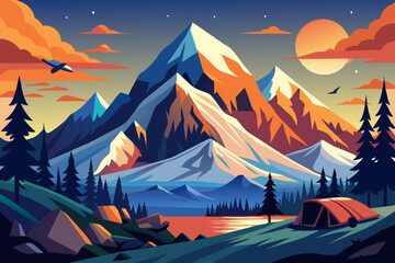 Vector drawing of Denali - McKinley, Alaska, traveling in the mountains, climbing, dawn landscape stock illustration