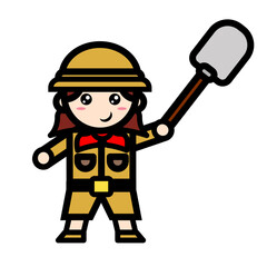 female archaeologist carrying shovel