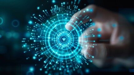 Obraz premium Hand touching a futuristic digital interface with blue light. Concept of technology, innovation, and cyber interaction.
