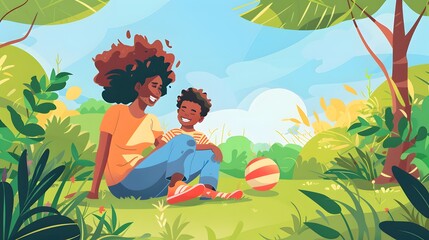 Mother and little son playing ball on grass in summer park. 