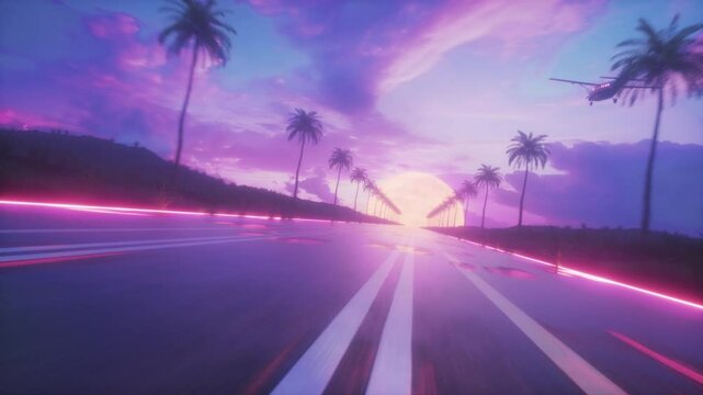 SynthWave Style Background of Endless Road with Palm Trees Loop