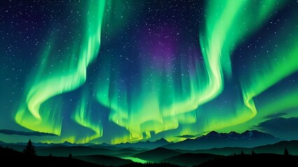 Majestic Northern Lights illuminate the sky over a dark mountain range, creating a breathtaking celestial display.