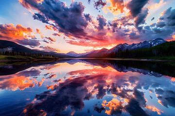 A lake or river reflecting the twilight sky, with vibrant colors