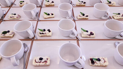 Abstract background cup of esspresso coffee on table. Glass of cappucino coffee breakfast in restaurant