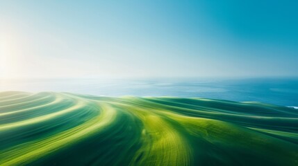 Fototapeta premium Vibrant green fields stretch towards the clear blue sky, blending harmoniously to create a stunning and serene landscape under the sun's warm glow.
