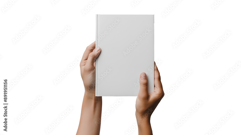 Wall mural Book mock up, hand holding hard cover mockup, on white background