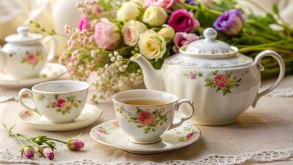 Fototapeta premium Elegant floral patterned china tea set with steaming teapot and dainty cups on lace tablecloth amidst lush greenery backdrop.