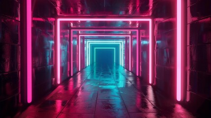 Neon tunnel with square frames. Abstract cycled background 