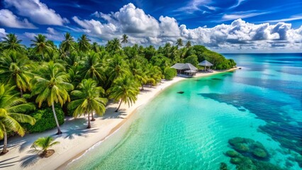 Fototapeta premium Serene turquoise waters lap against powdery white sand shores lined with swaying palm trees and luxurious resort buildings.