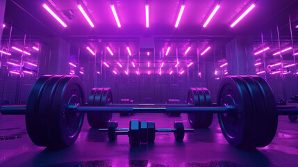 Fototapeta premium Modern gym interior with barbells and dumboral chocolate, illuminated by neon lights