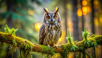 Magnificent long-eared owl with piercing yellow eyes and feathery ear tufts perches calmly on a moss-covered tree branch