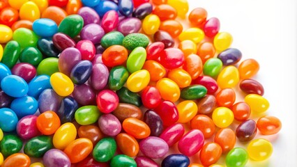 Obraz premium Vibrant rainbow jelly beans scattered on a white background, creating a whirlwind of colorful sweetness perfect for birthday party invitations.