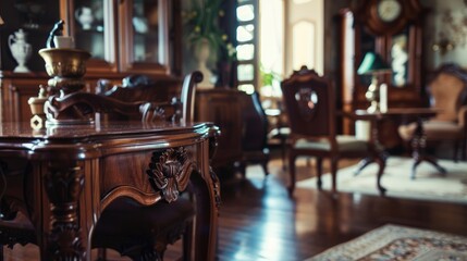 Expensive English made mahogany furniture in a room with blurred background