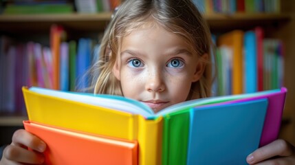 Young Girl's Curiosity Sparkles as She Holds Vibrant Books, Embracing the Joy of Learning in a Library Setting A Charming Child's Passion for Knowledge is Evident in This Captivating Image