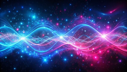 Obraz premium Mesmerizing abstract illustration of pink and blue frequency signal waves as particles fluidly traversing a dark, starry expanse.