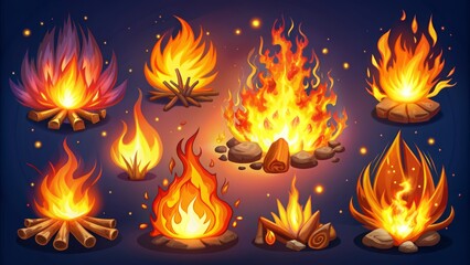 Vibrant cartoon set of comic flames and explosions with warm glowing elements and campfire objects on a bright fiery background.