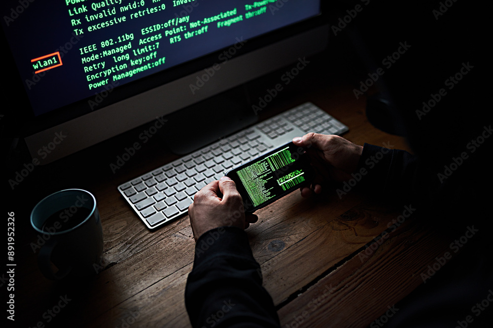 Poster phone, programmer hands and code screen with software for hacking crime or cyber security, download 