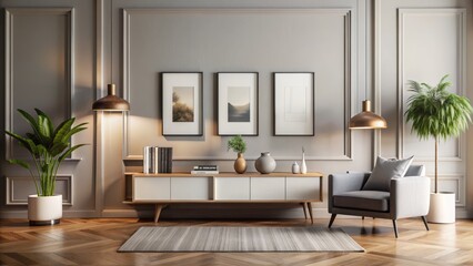 Elegant minimalist living room with large blank wall art space, modern furniture, and warm lighting, perfect for interior design visualization.