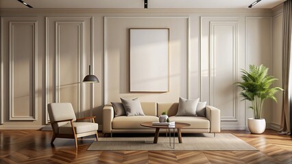 Fototapeta premium Empty modern living room with white walls, dark wood floor, and minimalist furniture, awaiting custom artwork or design.