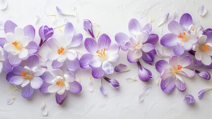 Crocuses blossoming in spring on a white backdrop