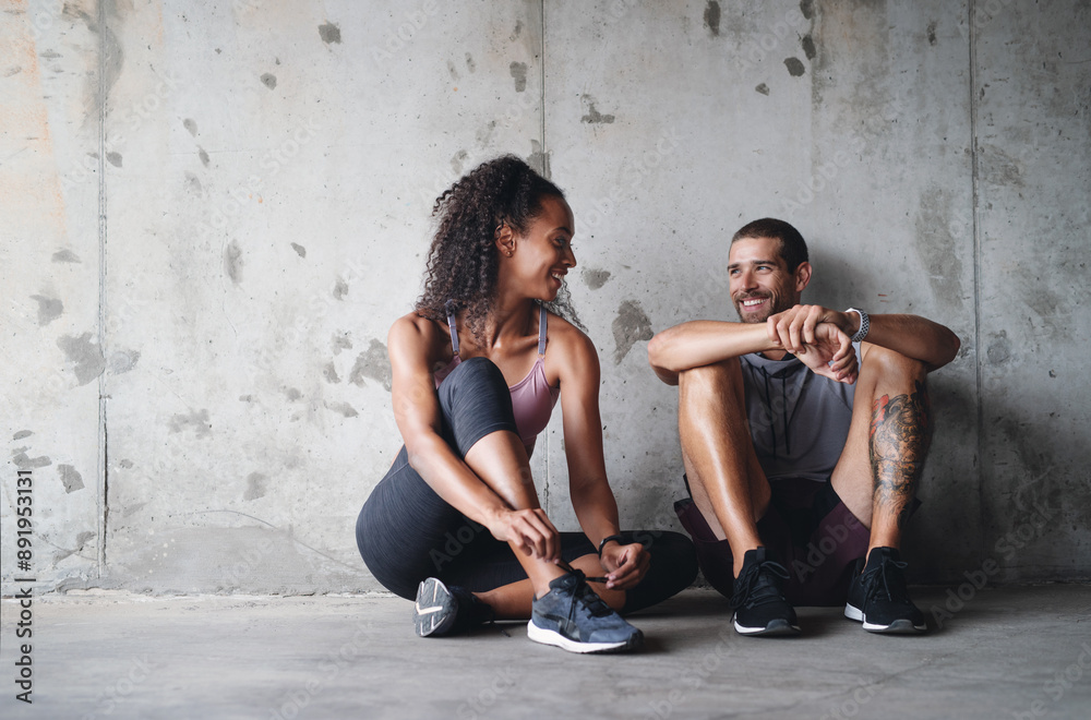 Sticker Couple, shoes and tie lace outdoor for fitness, wellness and accountability as relationship goals. Man, woman and workout start by bridge with teamwork, training and cardio together for libido health