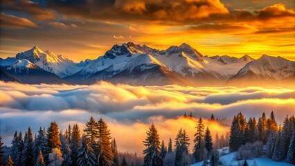 Obraz premium Breathtaking dawn landscape featuring majestic snow-capped mountains awash in warm golden light, serene misty atmosphere, and vibrant orange hues.